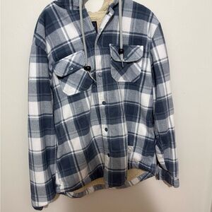Aeropostale Blue and White Plaid Sherpa-Lined Hooded Shacket
